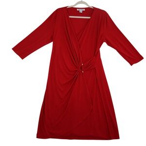 Tommy Bahama Midi Dress Large Red Faux Wrap Ruched Formal Evening Chic Work Mod